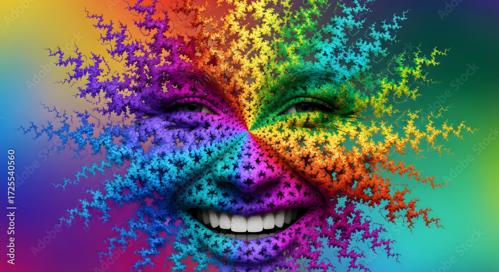 Fototapeta premium Smiling Face Expanding into Colorful 2D Fractals