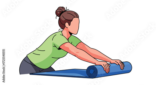 Illustration depicting a woman rolling up a blue yoga mat post-exercise routine or class at home for relaxation and wellness activity