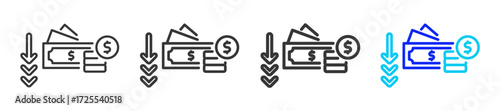 Currency Weakness Icon Set Collection in Creative Outline Style for Business Featuring Multiple Thickness Variations for Inflation Finance Economy Money Supply Fiscal Deficit and Purchasing Power