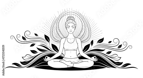 Elegant yoga illustration featuring a woman in lotus pose surrounded by nature and light