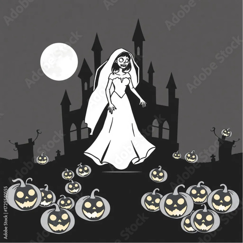 A zombie bride hovering above the ground in a dark castle surrounded by glowing jack-o'-lanterns.