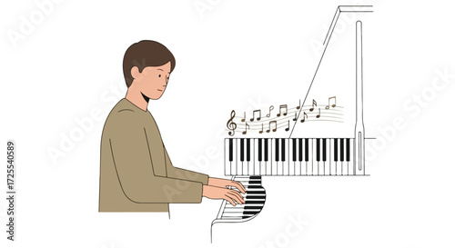 A young male engrossed in creating melodies on a grand piano with floating musical notes surrounding the musical instrument and him