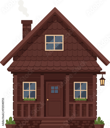 Charming rustic log cabin with smoke emerging from chimney and exterior lantern isolated on transparent background