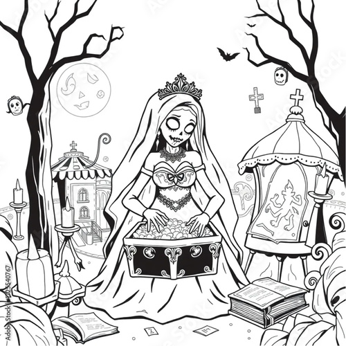 A zombie bride guarding a hidden treasure in a haunted amusement park surrounded by ancient spellbook.
