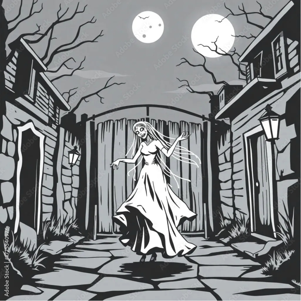 Fototapeta premium A zombie bride dancing under the moonlight in a ghost town street surrounded by creaking wooden gate.