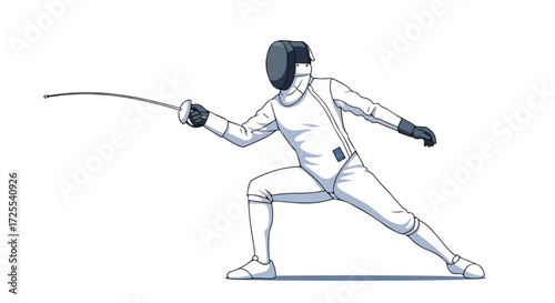 Fencer poised with foil, ready to strike in vector illustration demonstrating skill