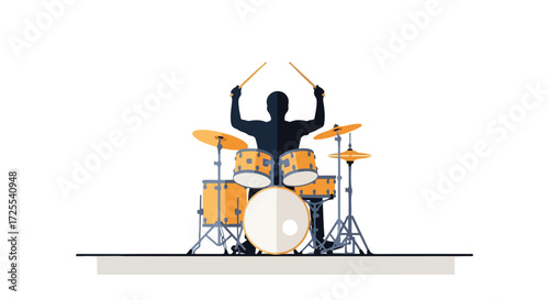 Silhouette of a drummer energetically playing a drum set against a pristine white backdrop creating a captivating musical rhythm illustration