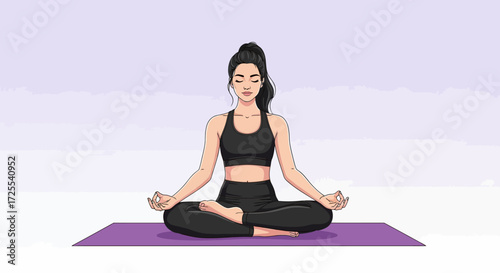 Woman in meditation pose on yoga mat representing wellness and peaceful state of mind
