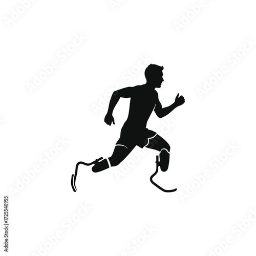 Dynamic silhouette of an athlete with prosthetic legs sprinting forward, showcasing determination and resilience.