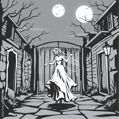 A zombie bride dancing under the moonlight in a ghost town street surrounded by creaking wooden gate.