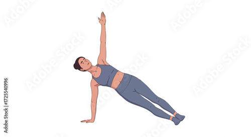 Woman performing a side plank exercise for core strength and body balance on white backdrop studio to improve fitness level, promote flexible body