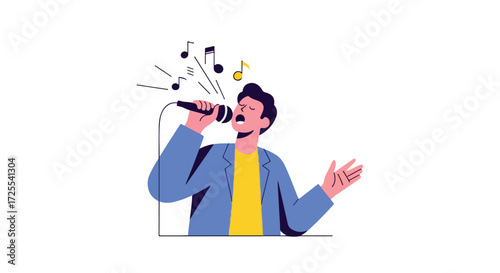 Enthusiastic male performer singing into microphone with musical notes conveying passion and vocal expression during a live stage performance