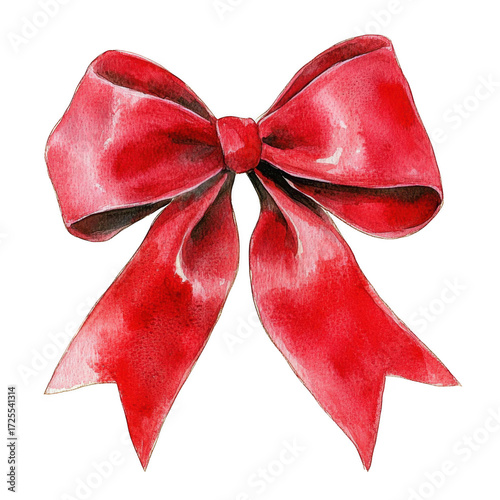 A red watercolor bow with flowing tails. symbolizing celebration and festivity. perfect for gift wrapping or decoration. set against a clean white background enhancing its vividness