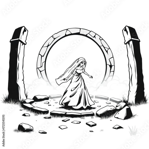 A zombie bride chasing through the mist in a ancient stone circle surrounded by broken mirror.