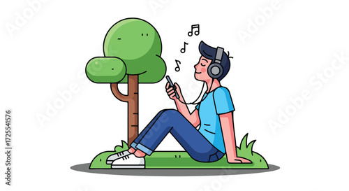 Illustration of a young man relaxing in nature, listening to music with headphones under a tree, and using his smartphone in a serene setting