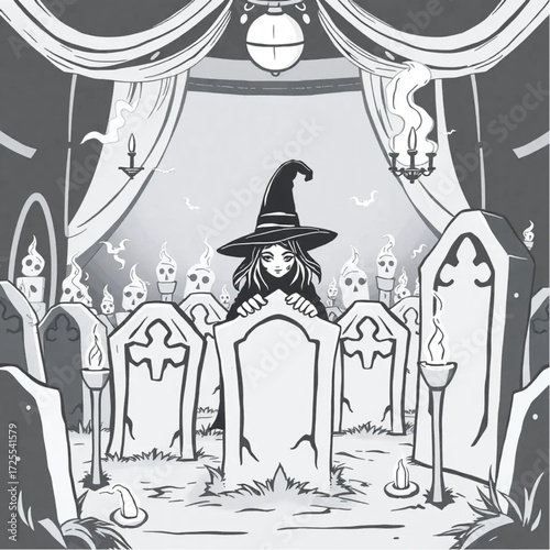 A witch watching from behind the tombstones in a phantom-filled ballroom surrounded by flickering torches.
