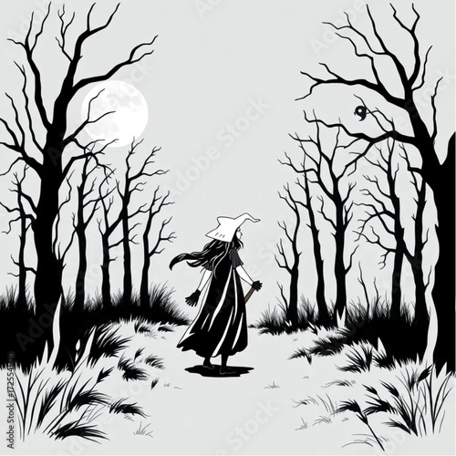 A witch wandering aimlessly in a creepy forest surrounded by blood-stained moon.