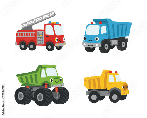 Collection of four colorful cartoon toy trucks including a red fire engine a blue dump truck a green monster truck and a yellow dump truck