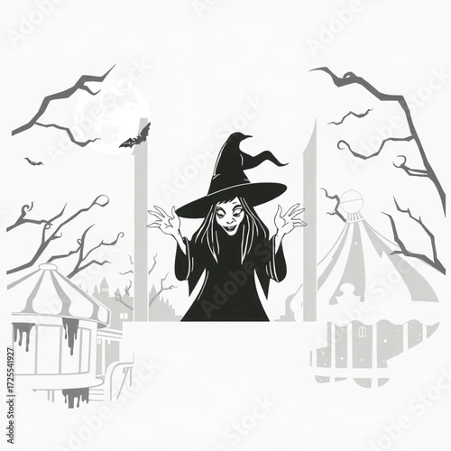 A witch staring through cracked windows in a haunted amusement park surrounded by blood-stained moon.