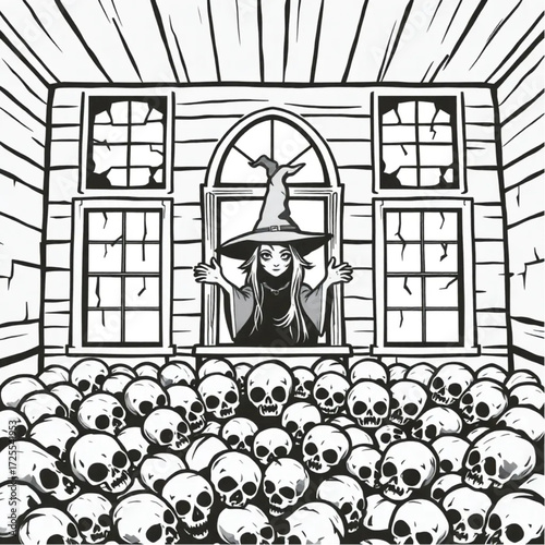 A witch staring through cracked windows in a abandoned schoolhouse surrounded by pile of skulls.