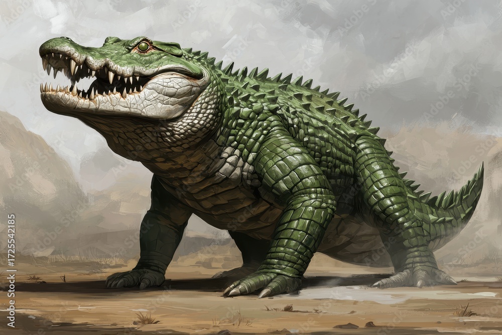 Obraz premium Armored crocodile with spiked tail, ambushing in a swamp, 3D illustration