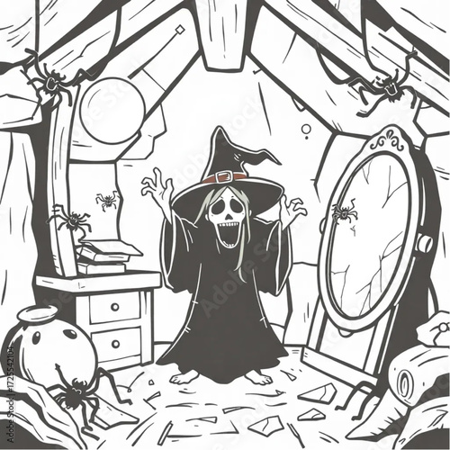 A witch screaming silently in a spider-infested attic surrounded by broken mirror.