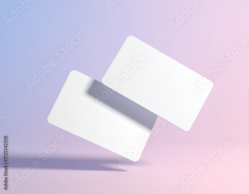 Modern business card mockup, two cards floating in mid air, front and back view visible, minimal background, soft gradient, 3D render style, high resolution