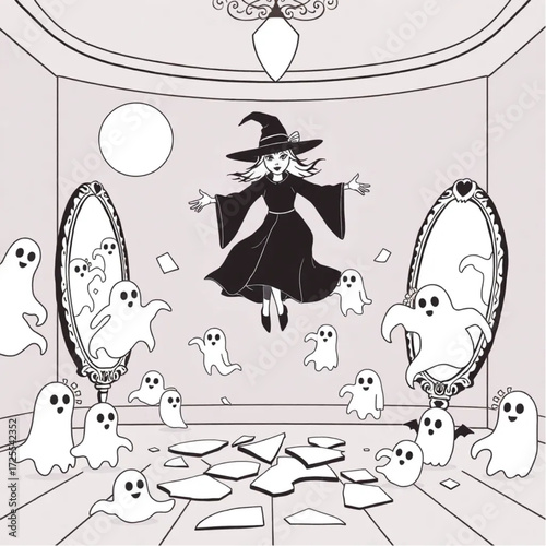 A witch hovering above the ground in a phantom-filled ballroom surrounded by broken mirror.