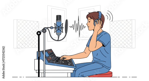 Dedicated musician creating soundscape in a soundproof studio with specialized microphone recording vocals for a new song with professional equipment