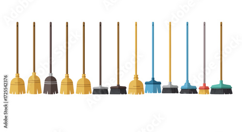 Collection of Colorful Flat Design Brooms with Various Handles.