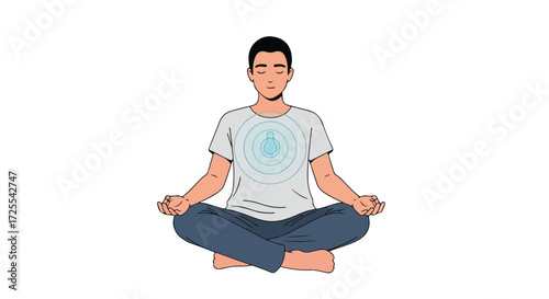 Focused male figure in serene lotus pose, radiating calm energy through mindfulness and meditation practice, promoting holistic wellness and