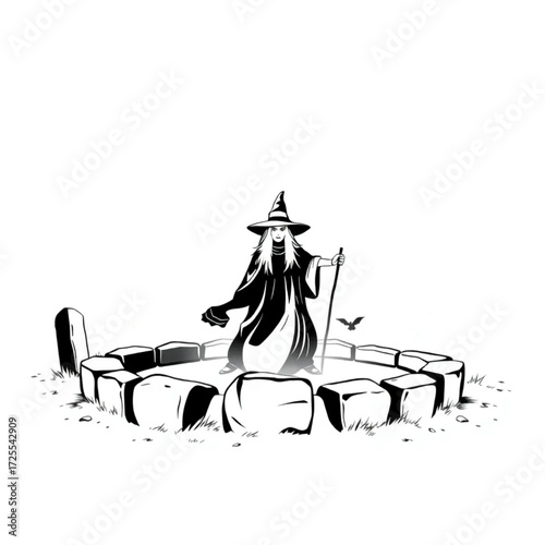 A witch emerging from the fog in a ancient stone circle surrounded by enchanted broomstick.