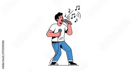 Energetic vocalist performing with passion and holding two microphones in his hands under musical notes floating above his head