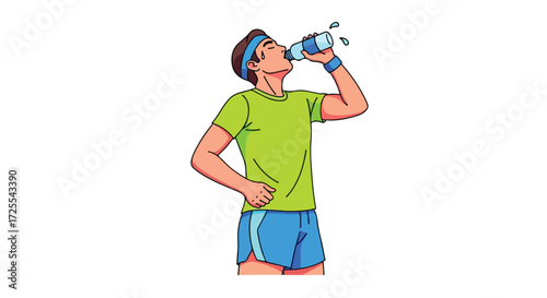 Hydration Break: Animated Athlete Rehydrating with a Bottle of Fresh Water After Intense Exercise Routine during Hot Summer Day