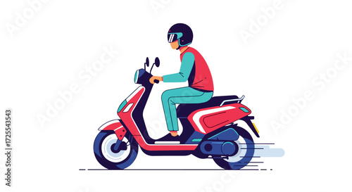 A cartoonish drawing featuring a person in a helmet riding a vibrant pink and blue motor scooter on a white backdrop