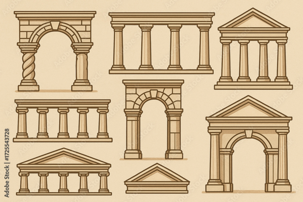 Fototapeta premium Classical Architecture Elements Illustration with Arches, Columns, and Pediments