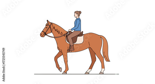 A woman gracefully riding a chestnut horse with a saddle on a white background demonstrating equestrian skill and harmony between rider and animal