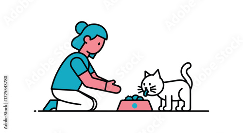Minimalist illustration of a woman feeding her cat from a bowl, showcasing care and pet ownership with clean lines and a simple color palette