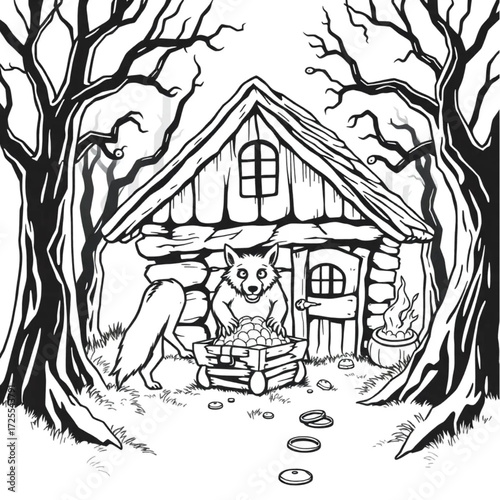 A werewolf guarding a hidden treasure in a old witch's cabin surrounded by twisted trees.