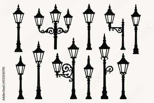Vintage Street Lamp Silhouette Collection with Ornate Designs and Lantern Variations