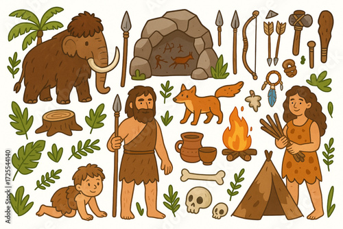 Prehistoric Life Cartoon Illustration with Early Humans, Mammoth, Tools, and Nature Elements