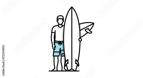 Stylized illustration of surfer with surfboard, representing a beach lifestyle and recreational activity near the ocean waves