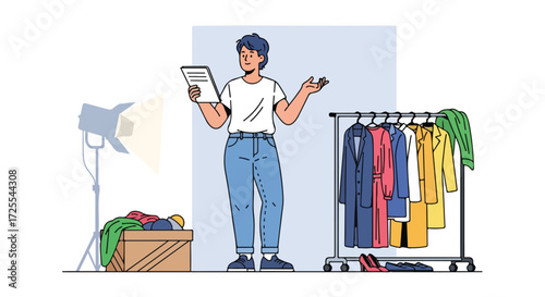 Fashion stylist preparing outfits for a shoot with clothing rack and studio light, showcasing preparation and creative process