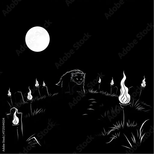 A werewolf creeping through the darkness in a shadowy cemetery hill surrounded by flickering torches.