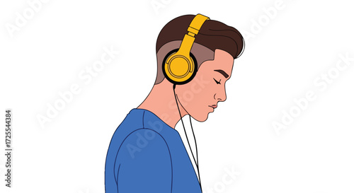 Illustration of a young man with modern haircut listening to music on headphones in a contemplative pose minimal style drawing on white backdrop