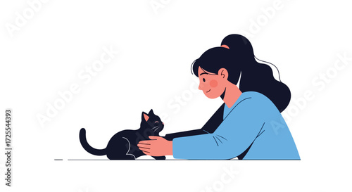 Illustration depicting a young woman gently caressing her sleek black cat in a loving interaction sharing a tender moment together