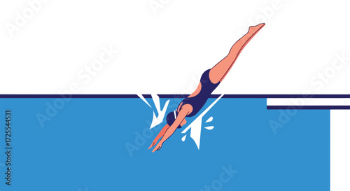 Sleek silhouette of a swimmer executing a dive into a blue pool against a minimalist white backdrop, embodying aquatic sport and summertime fun