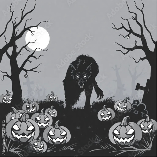 A werewolf creeping through the darkness in a foggy graveyard surrounded by cursed pumpkins.