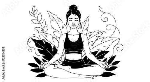 Woman in lotus position meditating amidst tropical leaves illustration wellbeing concept