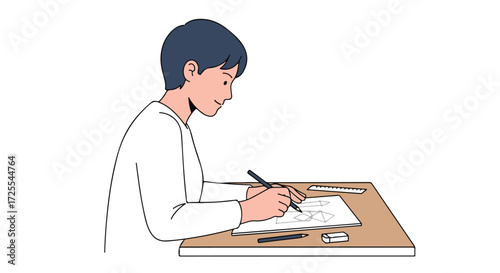 Creative young person engrossed in drawing geometric shapes, expressing artistic talent at the desk with concentration and determination